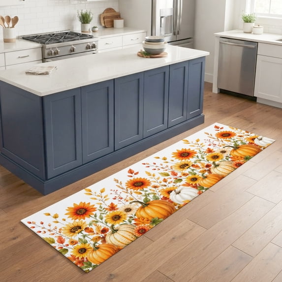 Hallway Runner Rug 2'x6', Orange Pumpkins Fall Kitchen Runner Rugs Non-Slip Carpet Mats, Thanksgiving Botanical Sunflower Autumn Bedside Rugs Runners Washable Floor Carpet for Bathroom Laundry Room