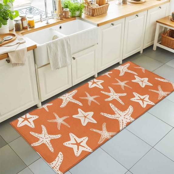Hallway Runner Rug 2'x6', Orange Starfish Coastal Kitchen Runner Rugs Non-Slip Carpet Mats, Nautical Summer Ocean Abstract Art Bedside Rugs Runners Washable Floor Carpet for Bathroom Laundry Room