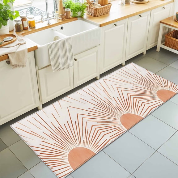 Hallway Runner Rug 2'x6', Orange Sunshine Kitchen Runner Rugs Non-Slip Carpet Mats, Lines Retro Abstract Middle Century Bedside Rugs Runners Washable Floor Carpet for Bathroom Laundry Room