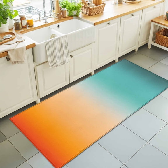 Hallway Runner Rug 2'x6', Orange Teal Ombre Kitchen Runner Rugs Non-Slip Carpet Mats, Abstract Gradient Minimalist Modern Bedside Rugs Runners Washable Floor Carpet for Bathroom Laundry Room