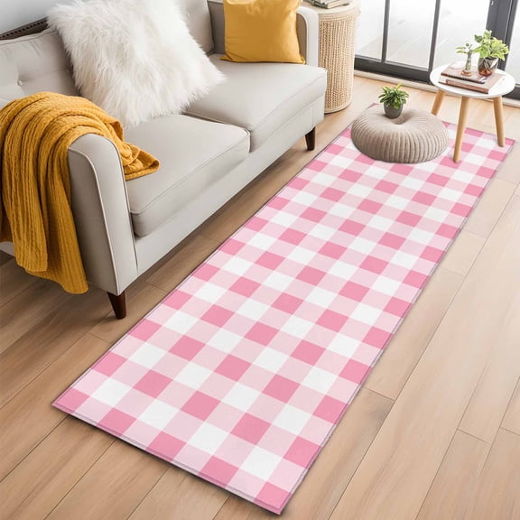 Hallway Runner Rug 2'x6', Pink Checkered Long Non-slip Runner Rugs, Pink White Buffalo Plaid Washable Outdoor Indoor Throw Floor Carpet Mat for Living Room/Bedroom/Kitchen/Office/Laundry