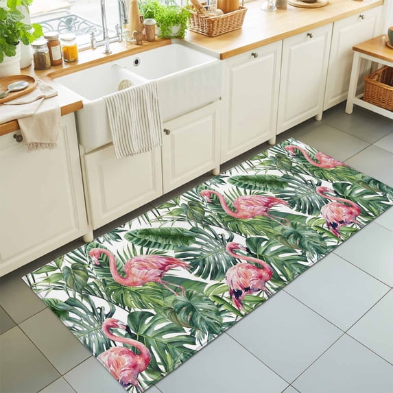 Hallway Runner Rug 2'x6', Pink Flamingo Kitchen Runner Rugs Non-Slip Carpet Mats, Summer Tropical Plants Green Leaves Bedside Rugs Runners Washable Floor Carpet for Bathroom Laundry Room