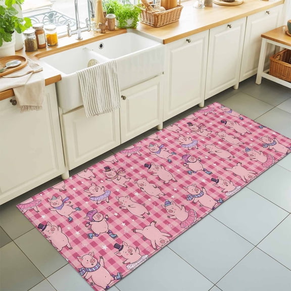 Hallway Runner Rug 2'x6', Pink Pigs Kitchen Runner Rugs Non-Slip Carpet Mats, Checkered Farmhouse Art Plaid Elegant Animals Bedside Rugs Runners Washable Floor Carpet for Bathroom Laundry Room