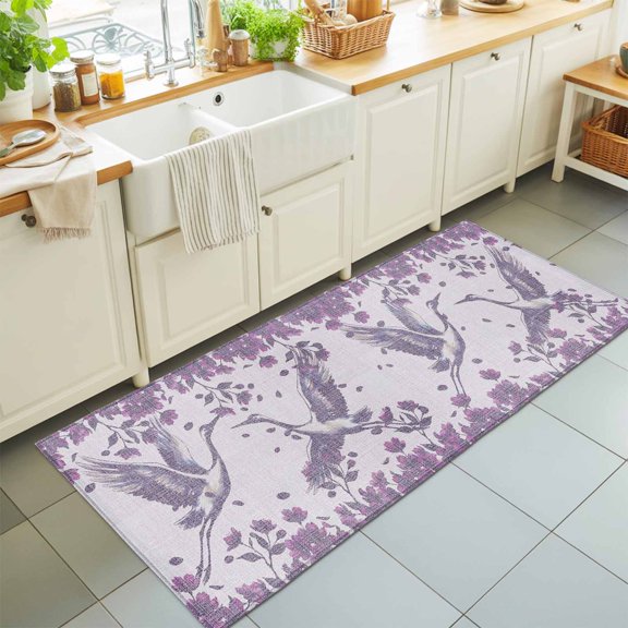 Hallway Runner Rug 2'x6', Purple Crane Silhouette Kitchen Runner Rugs Non-Slip Carpet Mats, Modern Abstract Flowers Botanical Bedside Rugs Runners Washable Floor Carpet for Bathroom Laundry Room