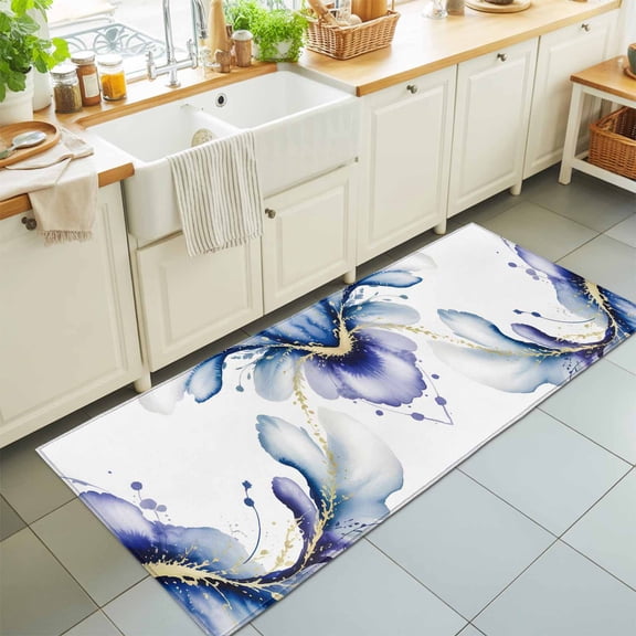 Hallway Runner Rug 2'x6', Purple Marble Stone Kitchen Runner Rugs Non-Slip Carpet Mats, White Ink Splash Farm Marble Abstract Bedside Rugs Runners Washable Floor Carpet for Bathroom Laundry Room