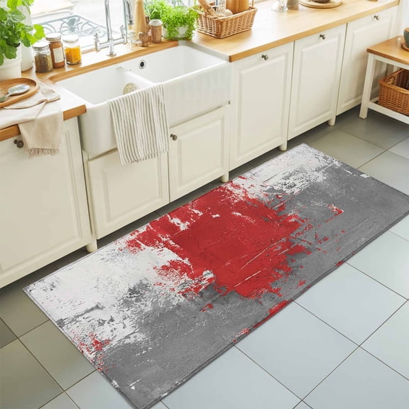 Hallway Runner Rug 2'x6', Red Cement Gray Kitchen Runner Rugs Non-Slip Carpet Mats, Modern Abstract Art Red Bedside Rugs Runners Washable Floor Carpet for Bathroom Laundry Room
