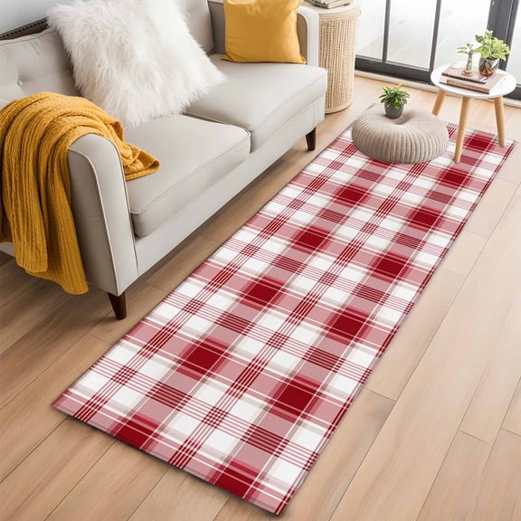 Hallway Runner Rug 2'x6', Red Checkered Long Non-slip Runner Rugs, Red White Plaid Farmhouse Washable Outdoor Indoor Throw Floor Carpet Mat for Living Room/Bedroom/Kitchen/Office/Laundry