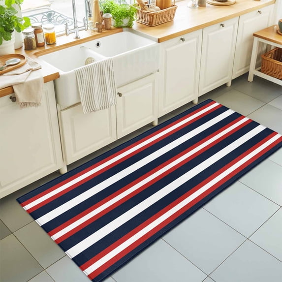 Hallway Runner Rug 2'x6', Red Navy Blue Striped Kitchen Runner Rugs Non-Slip Carpet Mats, Contemporary Minimalist Aesthetic Bedside Rugs Runners Washable Floor Carpet for Bathroom Laundry Room