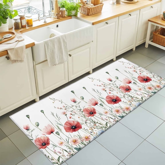 Hallway Runner Rug 2'x6', Red Poppy Flower Kitchen Runner Rugs Non-Slip Carpet Mats, Garden Floral Botanical Painting Bedside Rugs Runners Washable Floor Carpet for Bathroom Laundry Room