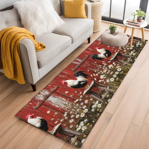 Hallway Runner Rug 2'x6', Red Rooster Long Non-slip Runner Rugs, Farmhouse Animals Spring Floral Rustic Washable Outdoor Indoor Throw Floor Carpet Mat for Living Room/Bedroom/Kitchen/Office/Laundry