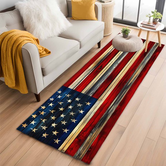 Hallway Runner Rug 2'x6', Retro American Flag Long Non-slip Runner Rugs, Blue Red USA Flag Vintage Wood Washable Outdoor Indoor Throw Floor Carpet Mat for Living Room/Bedroom/Kitchen/Office/Laundry