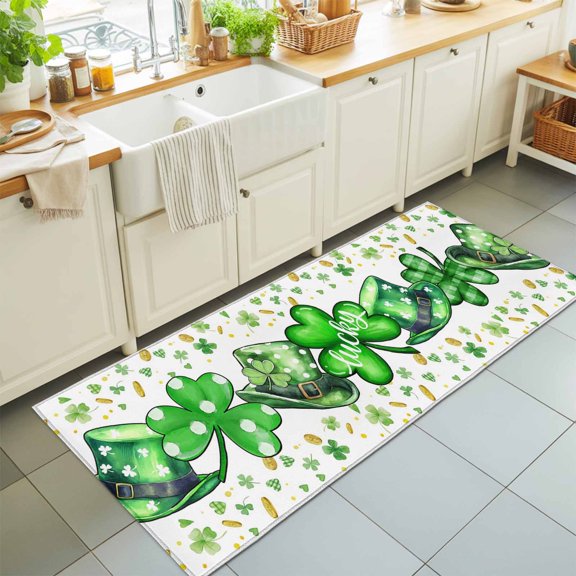 Hallway Runner Rug 2'x6', Saint Patrick's Day Kitchen Runner Rugs Non-Slip Carpet Mats, Spring Green Clovers Hats Coin Love Bedside Rugs Runners Washable Floor Carpet for Bathroom Laundry Room