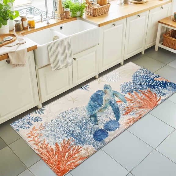 Hallway Runner Rug 2'x6', Sea Turtle Coastal Kitchen Runner Rugs Non-Slip Carpet Mats, Summer Beach Coral Nautical Rustic Bedside Rugs Runners Washable Floor Carpet for Bathroom Laundry Room