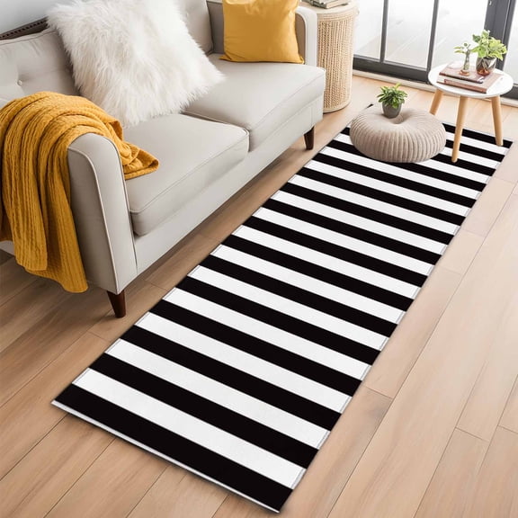 Hallway Runner Rug 2'x6', Simple Black White Stripes Long Non-slip Runner Rugs, Modern Stripes Washable Outdoor Indoor Throw Floor Carpet Mat for Living Room/Bedroom/Kitchen/Office/Laundry