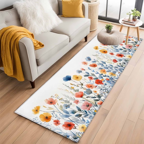 Hallway Runner Rug 2'x6', Spring Floral Long Non-slip Runner Rugs, Watercolor Elegant Summer Botanical Washable Outdoor Indoor Throw Floor Carpet Mat for Living Room/Bedroom/Kitchen/Office/Laundry