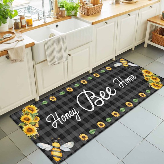 Hallway Runner Rug 2'x6', Spring Sunflowers Kitchen Runner Rugs Non-Slip Carpet Mats, Summer Yellow Flowers Bees Plaid Bedside Rugs Runners Washable Floor Carpet for Bathroom Laundry Room