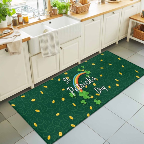 Hallway Runner Rug 2'x6', St. Patrick's Day Kitchen Runner Rugs Non-Slip Carpet Mats, Green Shamrock Rainbow Gold Coin Simple Bedside Rugs Runners Washable Floor Carpet for Bathroom Laundry Room