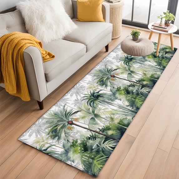 Hallway Runner Rug 2'x6', Summer Tropical Leaves Long Non-slip Runner Rugs, Green Botanical Palm Trees Washable Outdoor Indoor Throw Floor Carpet Mat for Living Room/Bedroom/Kitchen/Office/Laundry