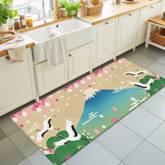 Hallway Runner Rug 2'x6', Teal Brown Mountain Kitchen Runner Rugs Non-Slip Carpet Mats, Farmhouse Cherry Blossoms Cranes Bedside Rugs Runners Washable Floor Carpet for Bathroom Laundry Room