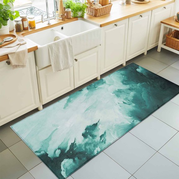 Hallway Runner Rug 2'x6', Teal Green Ombre Clouds Kitchen Runner Rugs Non-Slip Carpet Mats, Modern Abstract Gradient Cloud Bedside Rugs Runners Washable Floor Carpet for Bathroom Laundry Room