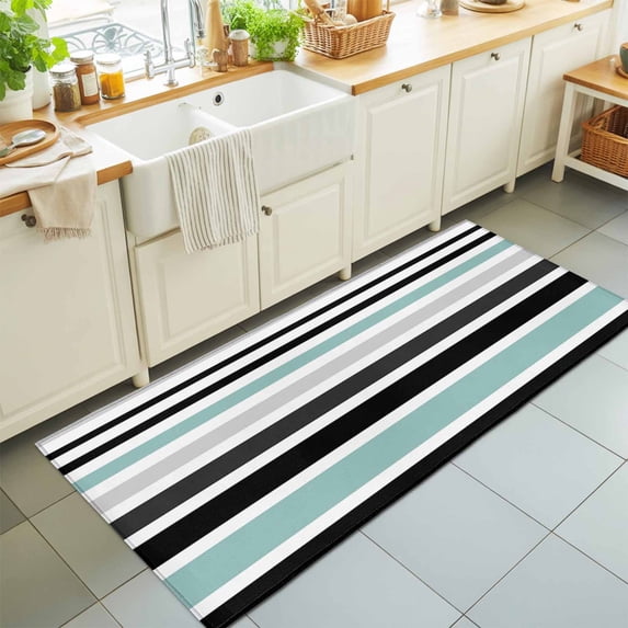 Hallway Runner Rug 2'x6', Turquoise Black Stripe Kitchen Runner Rugs Non-Slip Carpet Mats, Modern Abstract Coarse Striped Bedside Rugs Runners Washable Floor Carpet for Bathroom Laundry Room