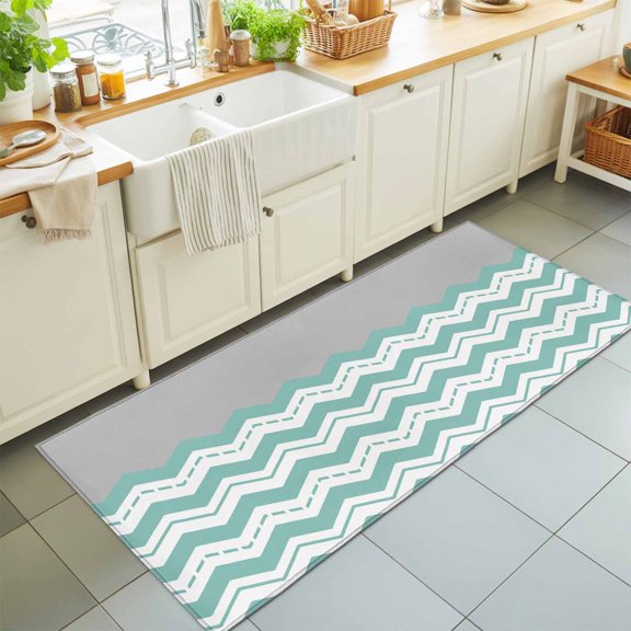Hallway Runner Rug 2'x6', Turquoise Chevron Kitchen Runner Rugs Non-Slip Carpet Mats, Geometric Grey Wavy Striped White Bedside Rugs Runners Washable Floor Carpet for Bathroom Laundry Room