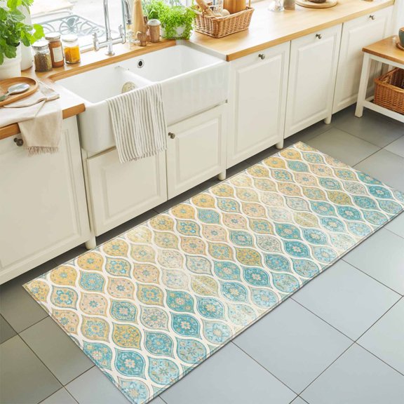 Hallway Runner Rug 2'x6', Turquoise Yellow Boho Kitchen Runner Rugs Non-Slip Carpet Mats, Southwest Aztec Abstract Geometric Bedside Rugs Runners Washable Floor Carpet for Bathroom Laundry Room