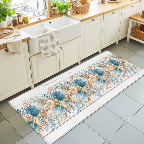 Hallway Runner Rug 2'x6', Vintage Beach Coastal Kitchen Runner Rugs Non-Slip Carpet Mats, Nautical Shell Starfish Coral Summer Bedside Rugs Runners Washable Floor Carpet for Bathroom Laundry Room