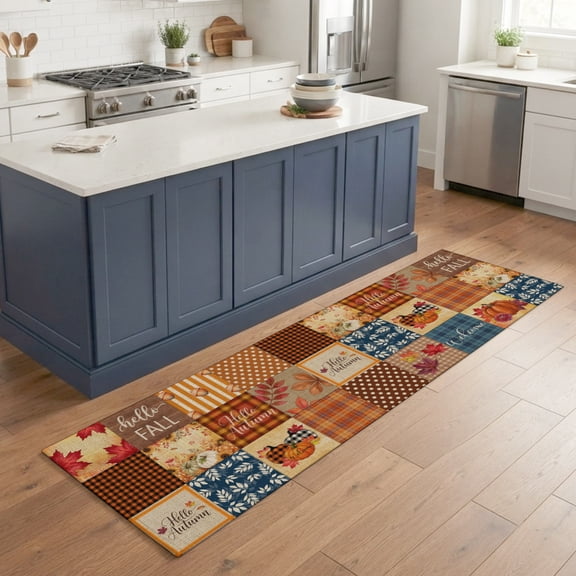 Hallway Runner Rug 2'x6', Vintage Fall Checked Kitchen Runner Rugs Non-Slip Carpet Mats, Thanksgiving Pumpkins Buffalo Plaid Bedside Rugs Runners Washable Floor Carpet for Bathroom Laundry Room