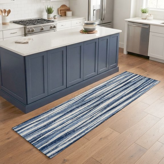 Hallway Runner Rug 2'x6', Vintage Navy Blue Waves Kitchen Runner Rugs Non-Slip Carpet Mats, Coastal Nautical Abstract Art Bedside Rugs Runners Washable Floor Carpet for Bathroom Laundry Room