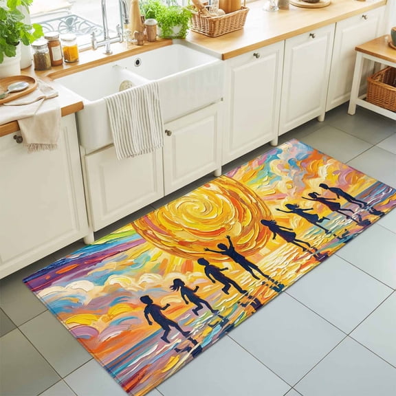 Hallway Runner Rug 2'x6', Watercolor Sun Kitchen Runner Rugs Non-Slip Carpet Mats, Cartoon Summer Colorful Rainbows Waves Bedside Rugs Runners Washable Floor Carpet for Bathroom Laundry Room