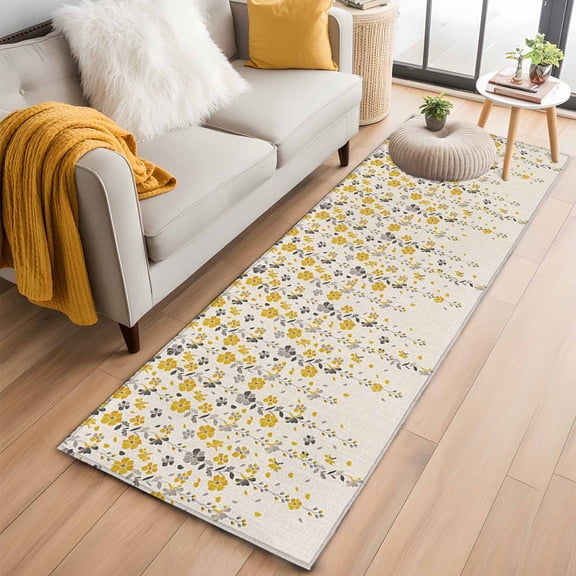 Hallway Runner Rug 2'x6', Weeping Flowers Long Non-slip Runner Rugs, Yellow Grey Spring Floral Rustic Burlap Outdoor Indoor Throw Floor Carpet Mat for Living Room/Bedroom/Kitchen/Office/Laundry