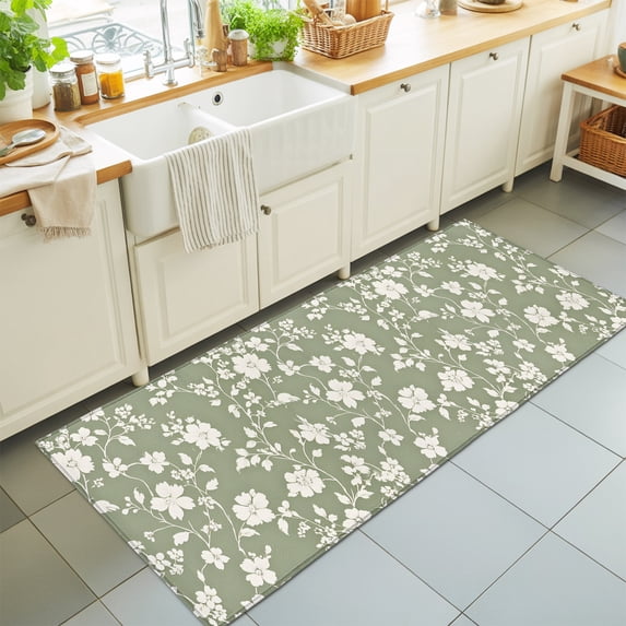 Hallway Runner Rug 2'x6', White Spring Floral Kitchen Runner Rugs Non-Slip Carpet Mats, Summer Flowers Sage Green Pastoral Bedside Rugs Runners Washable Floor Carpet for Bathroom Laundry Room