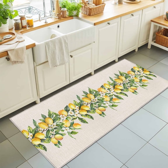 Hallway Runner Rug 2'x6', Yellow Lemon Kitchen Runner Rugs Non-Slip Carpet Mats, Spring Botanical Leaves Fruit Farmhouse Bedside Rugs Runners Washable Floor Carpet for Bathroom Laundry Room