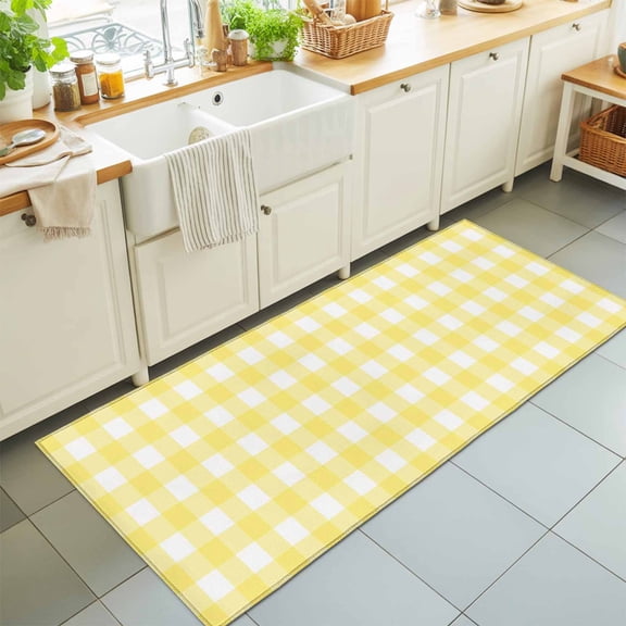 Hallway Runner Rug 2'x6', Yellow Plaid Kitchen Runner Rugs Non-Slip Carpet Mats, Modern Minimalist Checkered Bedside Rugs Runners Washable Floor Carpet for Bathroom Laundry Room