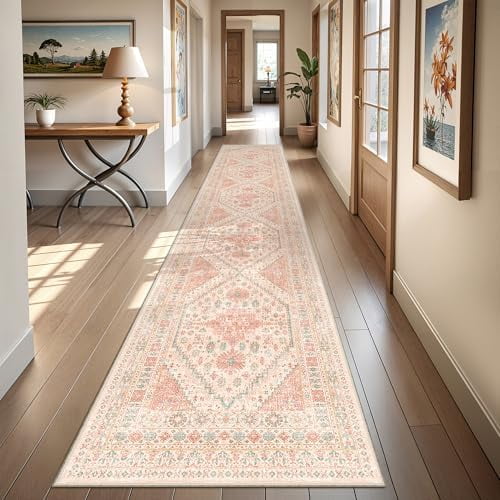 Hallway Runner Rug 2x12, Extra Long Washable Runner Rugs with Rubber Backing, Non Slip Runner, Vintage Rug Runners for Kitchen Laundry Room Entryway (Pink,2'x12')