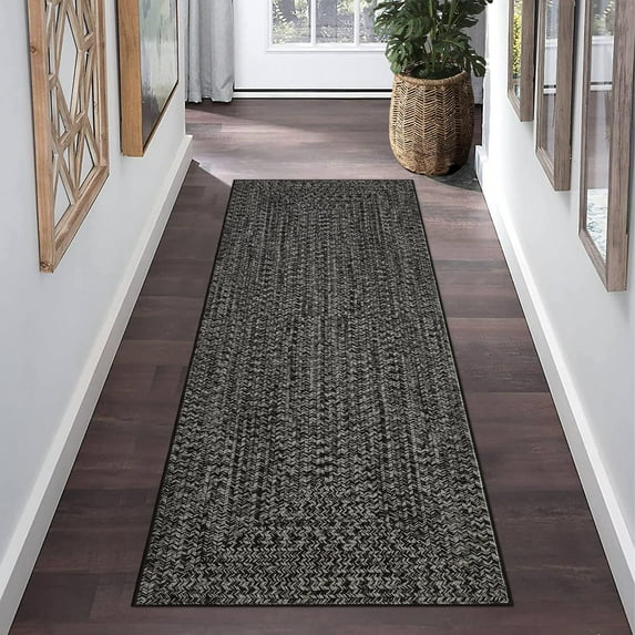 Hallway Runner Rug 2x6 Feet Print Braided Washable Runner Rug, Non-Slip Stain Resistant Area Rug Farmhouse Solid Printed Weaving Kitchen Mat Entryway Carpet Rug for Bedside, Grey/Brown