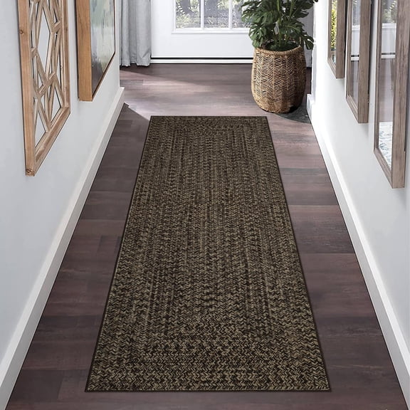 Hallway Runner Rug 2x6 Feet Print Braided Washable Runner Rug, Non-Slip Stain Resistant Area Rug Farmhouse Solid Printed Weaving Kitchen Mat Entryway Carpet Rug for Bedside, Brown