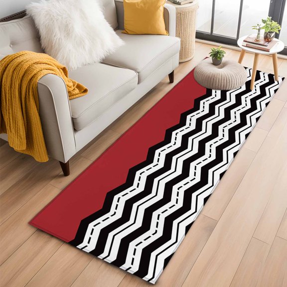 Hallway Runner Rug 2x6 Ft, Black White Chevron Non Slip Area Rugs for Entryway, Geometric Red Sea Wavy Striped Washable Low Pile Accent Carpet for Indoor Corridor Laundry Kitchen Bedside