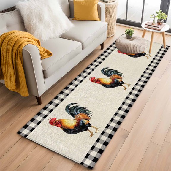 Hallway Runner Rug 2x6 Ft, Black White Plaid Rooster Non Slip Area Rugs for Entryway, Vintage Farmhouse Checkered Rustic Washable Low Pile Accent Carpet for Indoor Corridor Laundry Kitchen Bedside