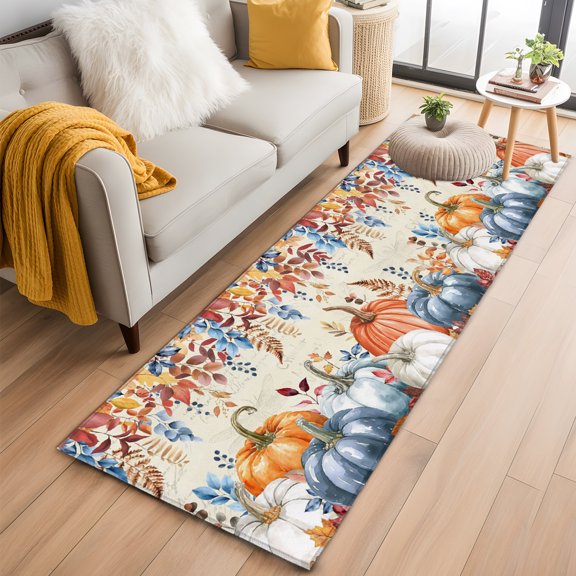 Hallway Runner Rug 2x6 Ft, Blue Pumpkin Non Slip Area Rugs for Entryway, Thanksgiving Eucalyptus Fall Maple Washable Low Pile Accent Carpet for Indoor Corridor Laundry Kitchen Bedside