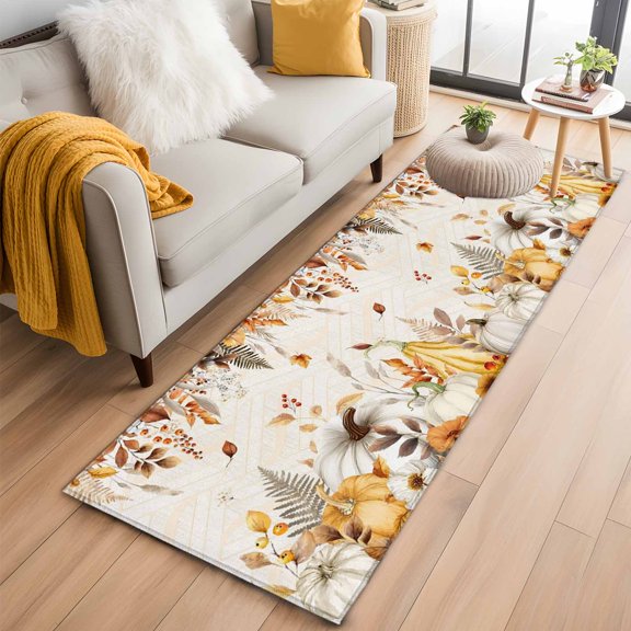 Hallway Runner Rug 2x6 Ft, Fall Grey Orange Non Slip Area Rugs for Entryway, Thanksgiving Pumpkins Maple Leaf Geometric Washable Low Pile Accent Carpet for Indoor Corridor Laundry Kitchen Bedside
