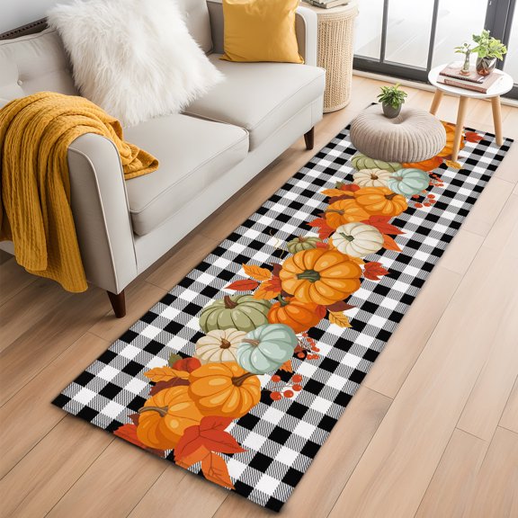 Hallway Runner Rug 2x6 Ft, Fall Pumpkins Non Slip Area Rugs for Entryway, Thanksgiving Maple Autumn Leaf Farmhouse Plaid Washable Low Pile Accent Carpet for Indoor Corridor Laundry Kitchen Bedside