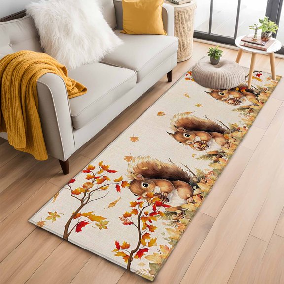 Hallway Runner Rug 2x6 Ft, Fall Thanksgiving Non Slip Area Rugs for Entryway, Farm Animals Orange Maple Leaf Rustic Washable Low Pile Accent Carpet for Indoor Corridor Laundry Kitchen Bedside