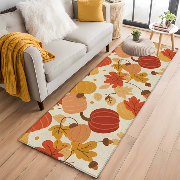 Hallway Runner Rug 2x6 Ft, Maple Leaf Non Slip Area Rugs for Entryway, Autumn Pumpkin Thanksgiving Country Farm Washable Low Pile Accent Carpet for Indoor Corridor Laundry Kitchen Bedside