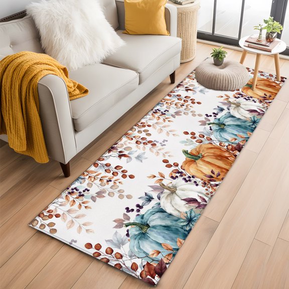 Hallway Runner Rug 2x6 Ft, Orange Blue Pumpkin Fall Non Slip Area Rugs for Entryway, Thanksgiving Maple Leaf Washable Low Pile Accent Carpet for Indoor Corridor Laundry Kitchen Bedside