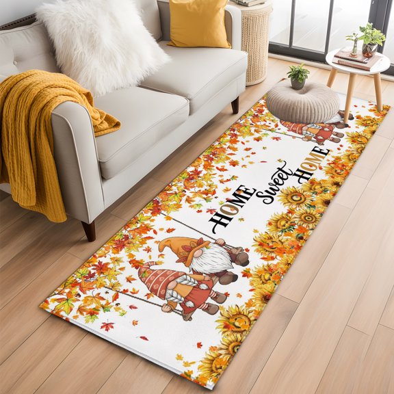 Hallway Runner Rug 2x6 Ft, Orange Fall Non Slip Area Rugs for Entryway, Thanksgiving Gnomes Maple Leaf Sunflower Washable Low Pile Accent Carpet for Indoor Corridor Laundry Kitchen Bedside
