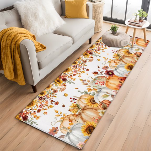 Hallway Runner Rug 2x6 Ft, Orange Fall Non Slip Area Rugs for Entryway, Thanksgiving Pumpkins Sunflower Maple Leaf Washable Low Pile Accent Carpet for Indoor Corridor Laundry Kitchen Bedside