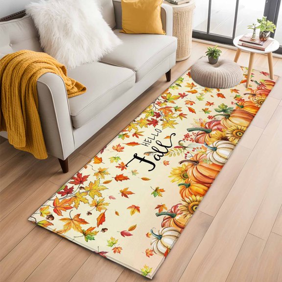 Hallway Runner Rug 2x6 Ft, Orange Hello Fall Non Slip Area Rugs for Entryway, Thanksgiving Pumpkins Maple Leaf Washable Low Pile Accent Carpet for Indoor Corridor Laundry Kitchen Bedside