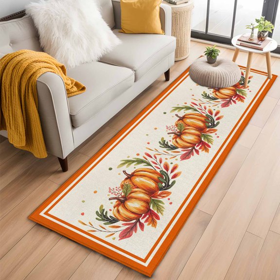 Hallway Runner Rug 2x6 Ft, Orange Pumpkin Non Slip Area Rugs for Entryway, Autumn Maple Leaf Thanksgiving Farm Washable Low Pile Accent Carpet for Indoor Corridor Laundry Kitchen Bedside